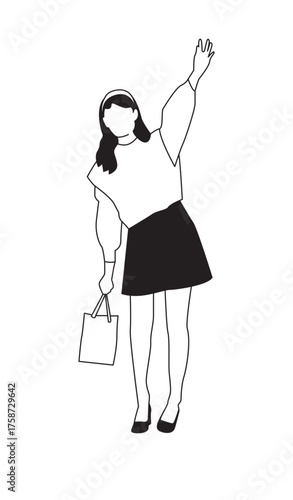 Diverse People Woman calling taxi  – Black and White Line Art Architectural Style Vector Illustration