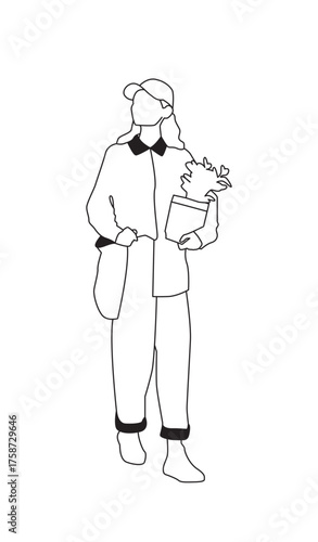 Diverse People Woman with totebag and cap holding plant – Black and White Line Art Architectural Style Vector Illustration