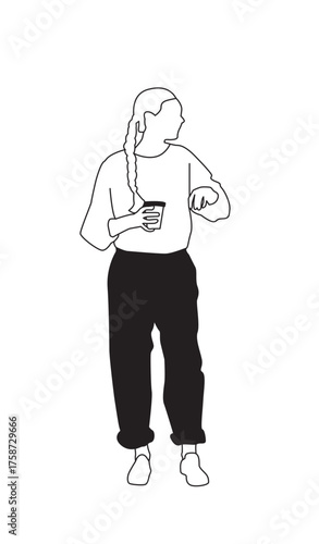 Diverse People Young adult woman carrying her coffee cup – Black and White Line Art Architectural Style Vector Illustration