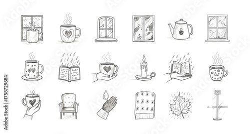 Cozy hand-drawn autumn elements for hygge lifestyle and relaxation
