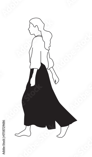 Diverse People  – Black and White Line Woman with long maxi skirt  Art Architectural Style Vector Illustration