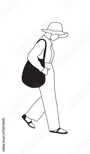 Diverse People woman with sunhat and totebag and sandals – Black and White Line Art Architectural Style Vector Illustration