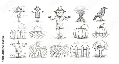 Rustic farm elements in hand-drawn style featuring scarecrows, pumpkins, and harvest themes