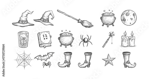 Halloween doodle set featuring witches hats, cauldrons, and broomsticks