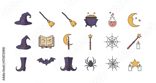 Witchcraft icons: broomsticks, cauldrons, and magical elements in flat design