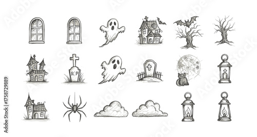 Spooky hand-drawn halloween elements set with ghosts and haunted houses