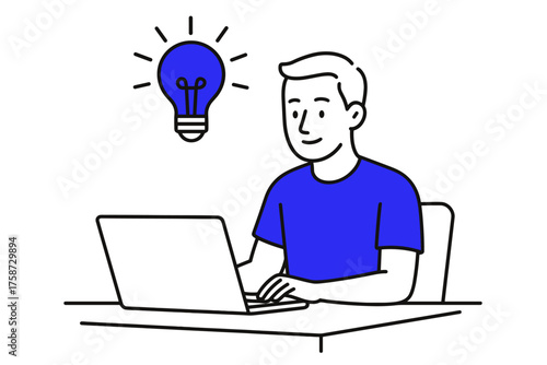 Linear style: person with laptop and light bulb icon for innovative ideas