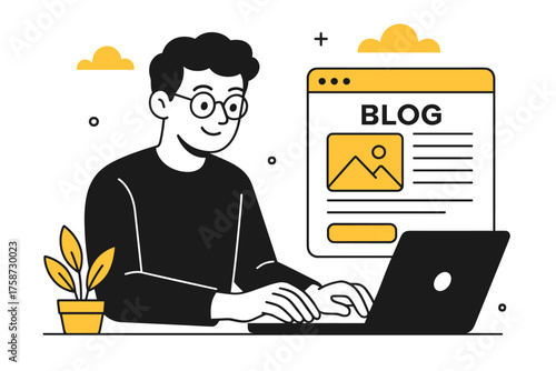 Modern flat design blogger working on laptop with orange and black theme
