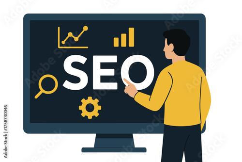 “seo optimization concept with graphs and charts on computer screen”