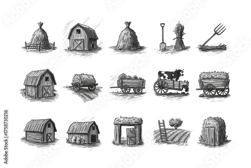 Vintage farmyard elements in black and white sketch style