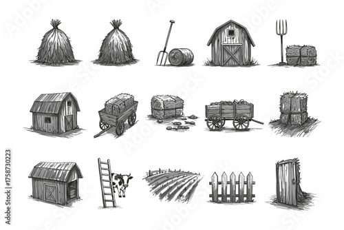 Hand-drawn farmyard elements set with barns, haystacks, and tools