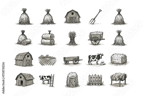 Rustic farm elements collection featuring barns, cows, and hay structures in vintage sketch style