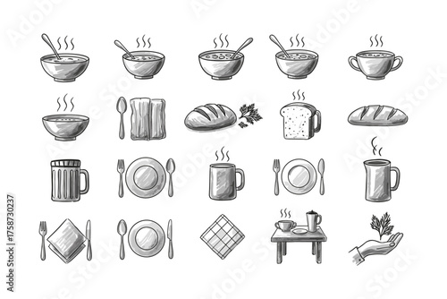 Hand-drawn food and kitchen icons set featuring bread, soup, and utensils