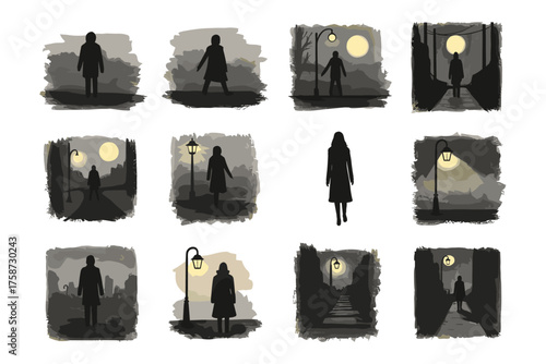 Silhouette collection of night walkers under streetlights in urban settings