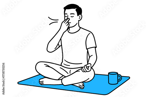 Simple line art of man practicing breathing exercise on yoga mat