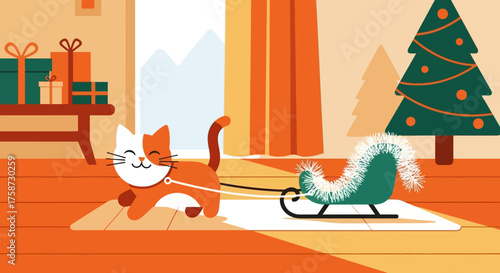 Cheerful Cat Pulling Sleigh in Christmas Scene.