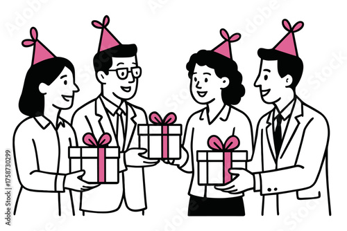 Celebratory meeting: colleagues exchanging gifts at an office party