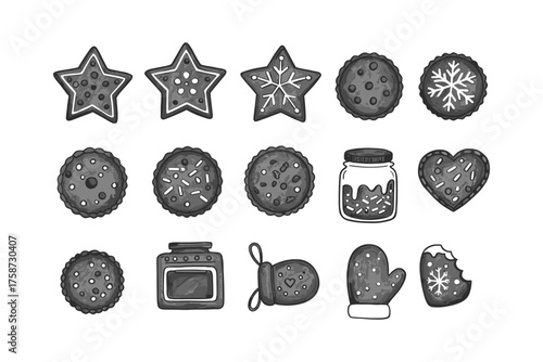 Monochrome cookie collection with stars, hearts, and baking items
