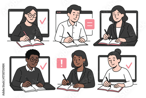 Diverse online learners engaging in remote education concept in modern flat design