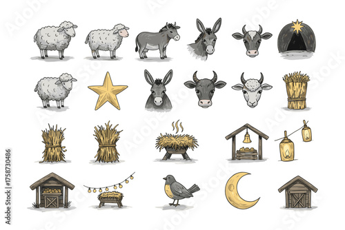 Cartoon farm animal faces with barnyard elements in hand-drawn style