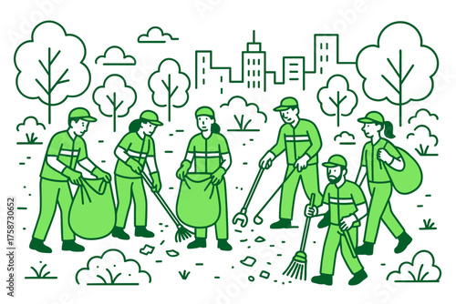Community volunteers engaged in park cleanup with environmental focus