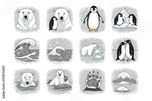 Polar bears and penguins in arctic and antarctic scenes