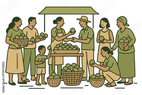 Community market gathering with people exchanging fresh fruit baskets in flat style