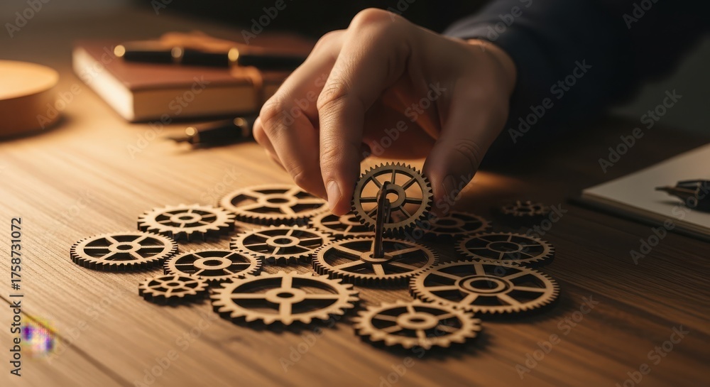 Naklejka premium Close up of a hand placing a gear among other gears on a wooden table, representing teamwork, collaboration, and problemsolving