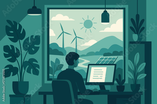 Eco-friendly workspace with renewable energy view and greenery in flat design