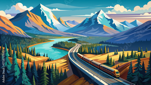 Very beautiful railroad to Denali National Park, Alaska, with impressive mountains visible across valleys, forests, and rivers punctuating the wild northern landscape as the train snakes into the Alas