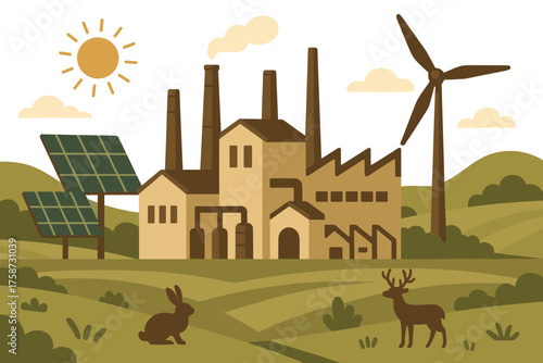 Eco-friendly power plant in countryside with renewable energy sources