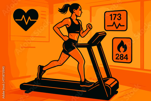 Dynamic fitness journey: woman running on treadmill with heart rate and calorie displays