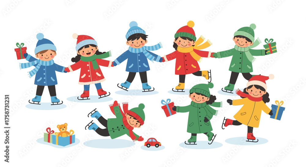 Naklejka premium Cheerful Children Ice Skating with Christmas Gifts.