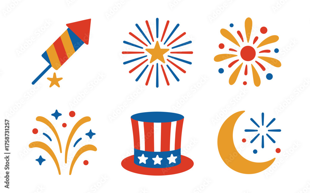 Obraz premium Flat red white blue fireworks and hat icons for patriotic celebrations