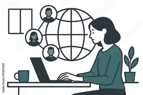 Remote work concept with global connection and communication in minimalistic style