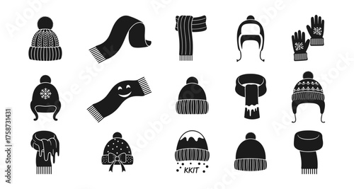 Winter accessories silhouette set: hats, scarves, and gloves