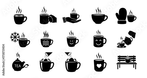 Cozy icon set of hot beverages and cups in minimalistic black silhouette style