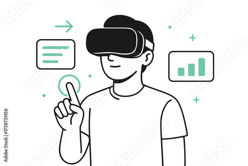 Interactive virtual reality experience with headset and augmented infographics in linear style