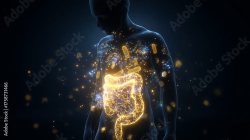 Human silhouette with illuminated gut highlights the role of gut bacteria in health and wellness