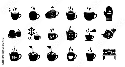 Cozy winter drinks in silhouette style featuring hot cups and tea themes