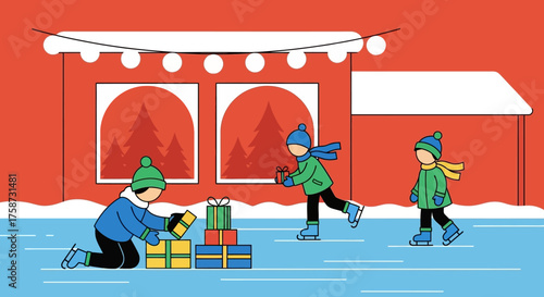 Children Ice Skating and Exchanging Christmas Gifts.
