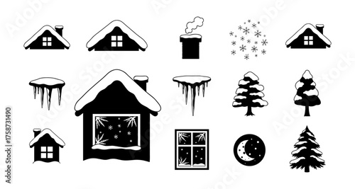 Winter icons set: snowy houses, trees, and seasonal symbols in black and white