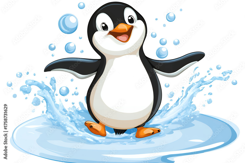 Naklejka premium A joyful cartoon penguin splashes in icy water with bubbles Animal Bird