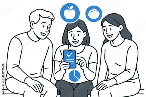 Friends discuss nutrition and fitness using a digital health app in modern outline style