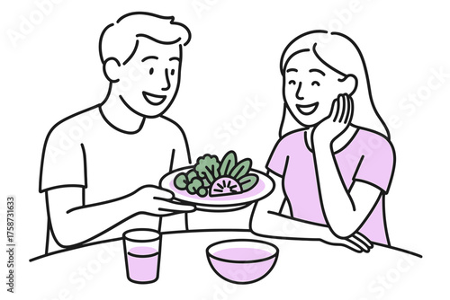Couple enjoying healthy meal together in minimalist line art style