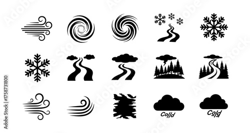 Set of black weather icons featuring wind, snowflakes, and cloudy roads in silhouette style