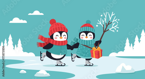 Two Cute Penguins Ice Skating in Winter.