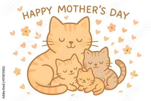 Cute mother's day cat family with kittens and floral hearts in cartoon style