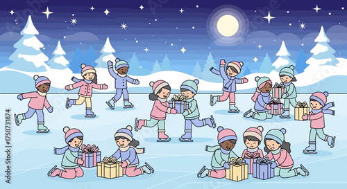 Children Ice Skating and Exchanging Christmas Gifts.