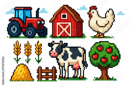 Charming pixel art farm scene with tractor, barn, animals, and crops